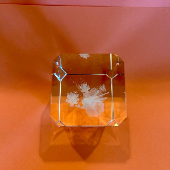 3D Crystal Fairy Figurine With Dragonfly Lotus Flower Glass Cube Paperweight - Picture 5 of 6